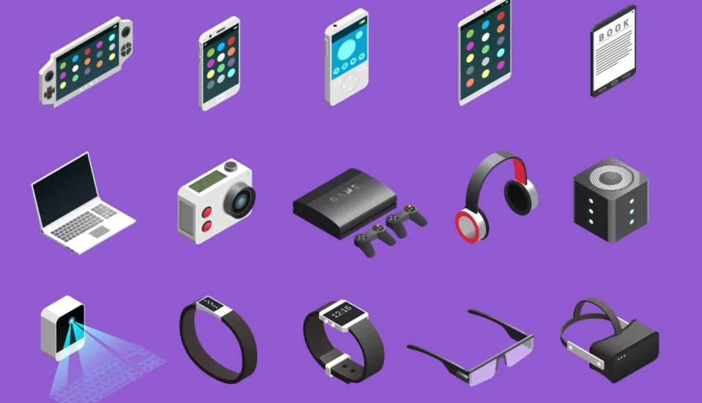 Os 7 melhores Gadgets Tecnológicos que valem a pena em 2025 11 Ilustração com vários modelos de gadgets tecnológicos