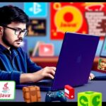 Programador codificando jogos em Java com laptop.
