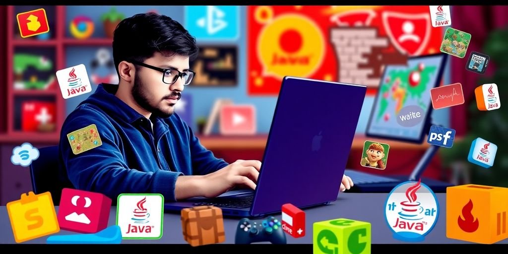 Programador codificando jogos em Java com laptop.