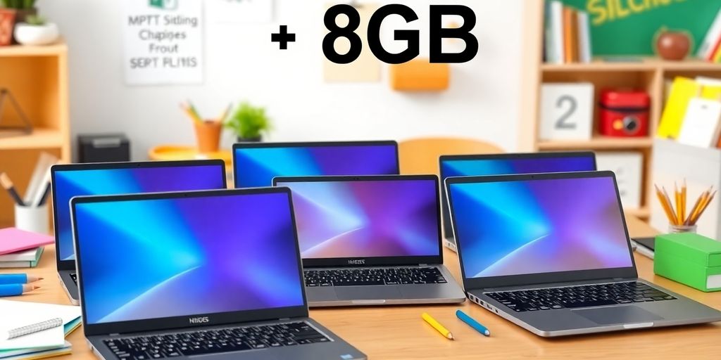 Vários notebooks modernos em uma mesa de estudo.