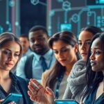 Grupo diverso interagindo com tecnologia avançada.