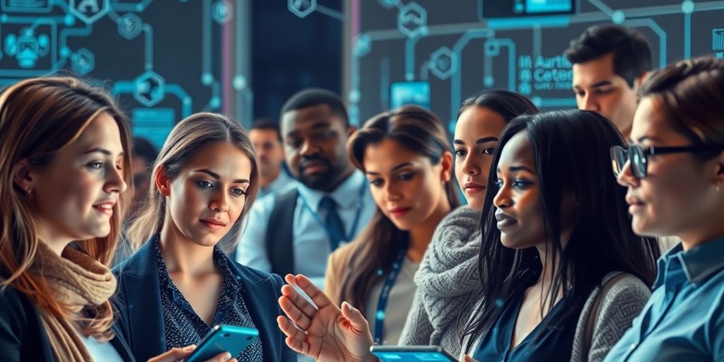 Grupo diverso interagindo com tecnologia avançada.