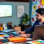 Artista utilizando gerador de imagens IA em um laptop.