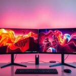 Monitores ultrawide modernos em um ambiente de trabalho.