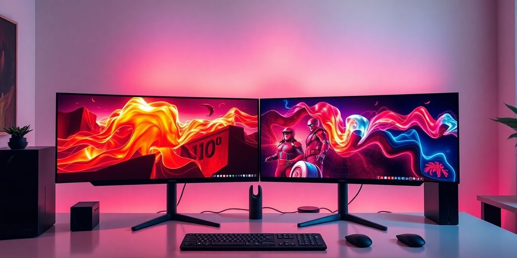 Monitores ultrawide modernos em um ambiente de trabalho.