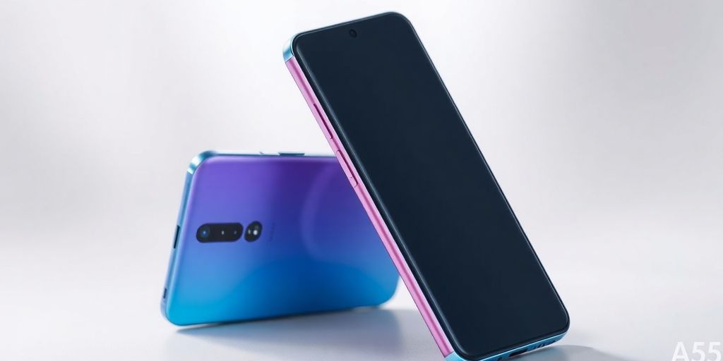 Smartphone Samsung A55 em cores vibrantes e design moderno.