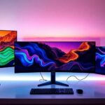 Vários monitores ultrawide em uma mesa moderna e elegante.