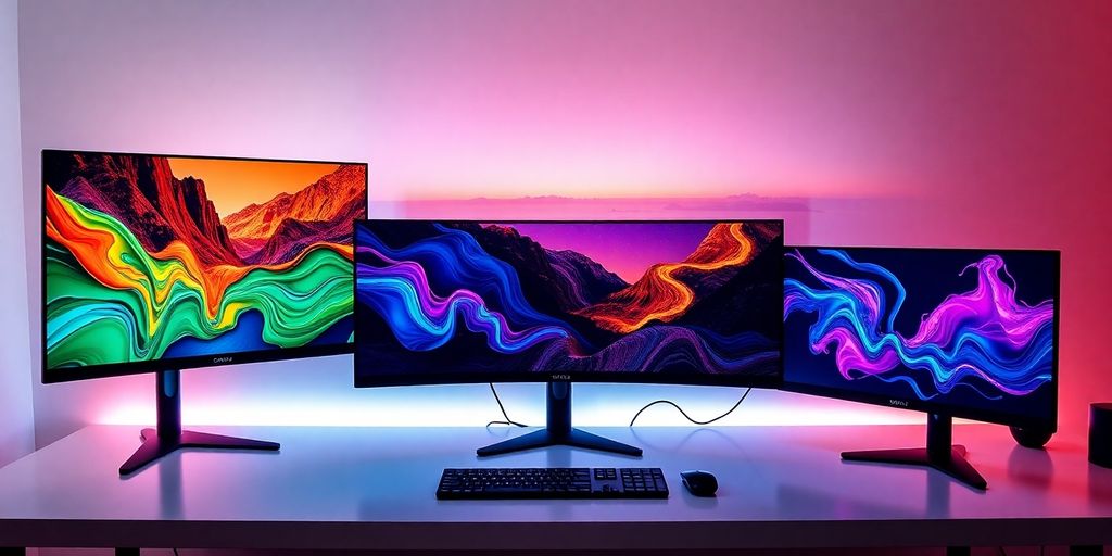 Vários monitores ultrawide em uma mesa moderna e elegante.
