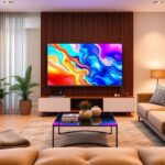 Sala moderna com TV 4K de 50 polegadas.