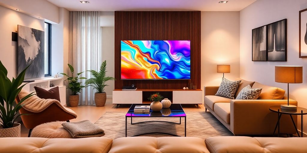 Sala moderna com TV 4K de 50 polegadas.