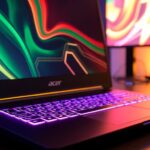 Notebook Acer Nitro 5 com teclado RGB em ambiente gamer.