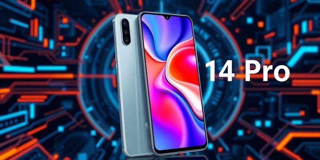 Smartphone Xiaomi 14 Pro em fundo tecnológico dinâmico.