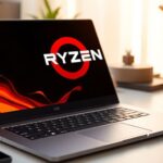 Notebook Ryzen 7 em ambiente de trabalho moderno.