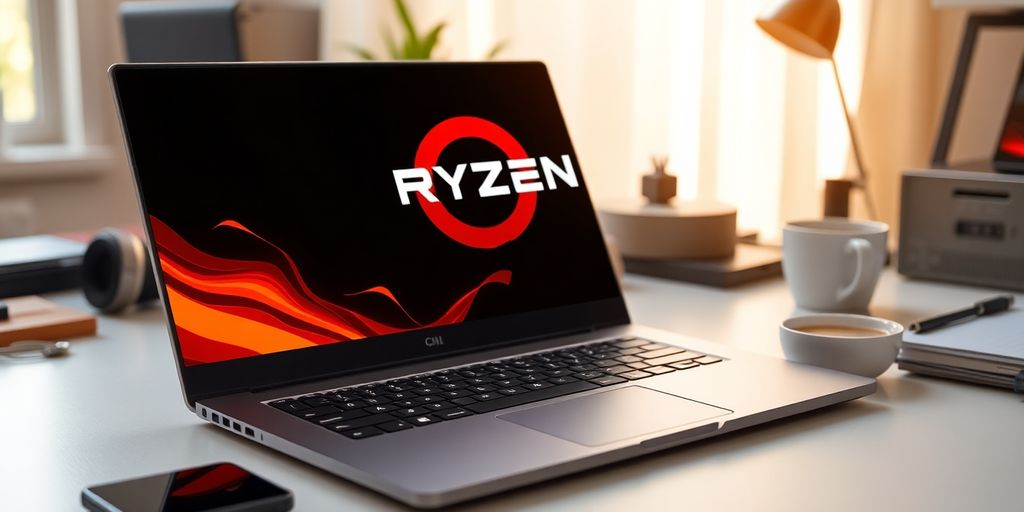 Notebook Ryzen 7 em ambiente de trabalho moderno.