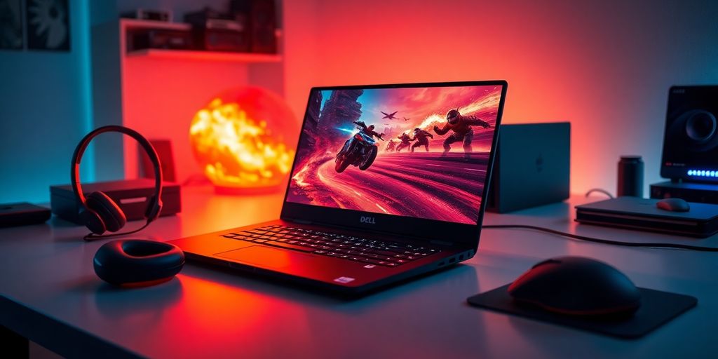 Laptop gamer Dell G15 em ambiente moderno e iluminado.