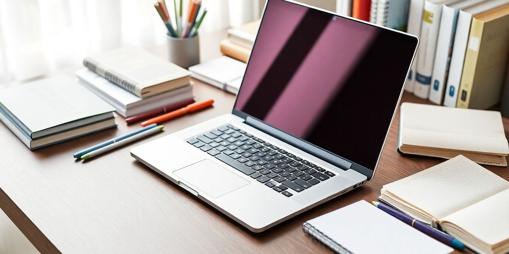 Notebook sobre mesa com livros e materiais de estudo.