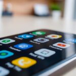 Imagem de aplicativos em um smartphone sobre uma mesa moderna.