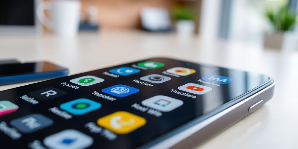 Imagem de aplicativos em um smartphone sobre uma mesa moderna.