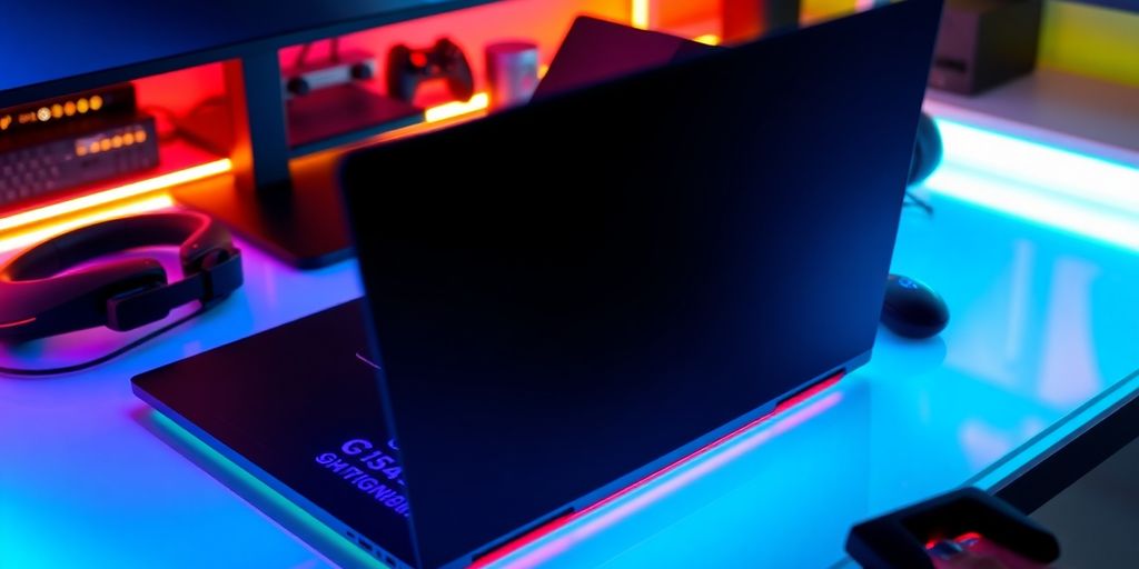 Laptop Dell G15 em mesa de jogos com acessórios