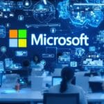 Profissionais usando laptops com interfaces de IA em um escritório moderno.