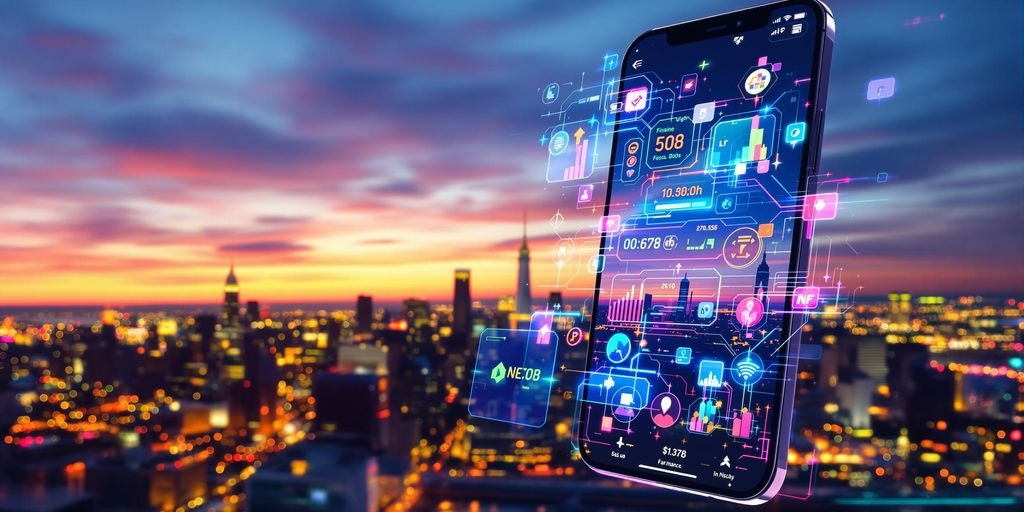Smartphone moderno com interface futurista e ícones financeiros brilhantes, vivos