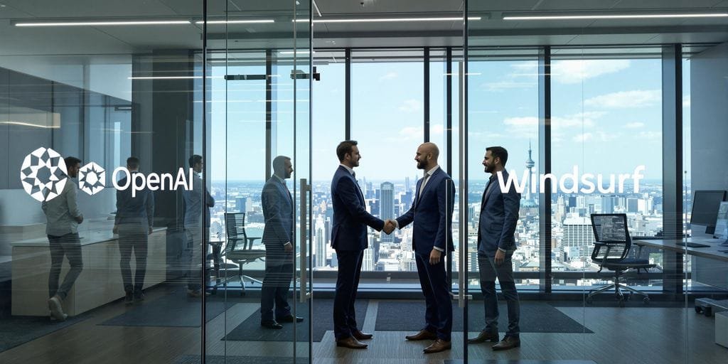 Executivos apertando as mãos em escritório moderno com logotipos.