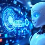 Robô futurista interagindo com interface digital brilhante de IA