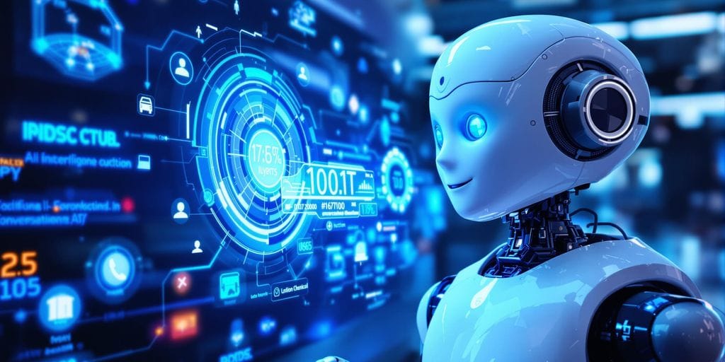 Robô futurista interagindo com interface digital brilhante de IA