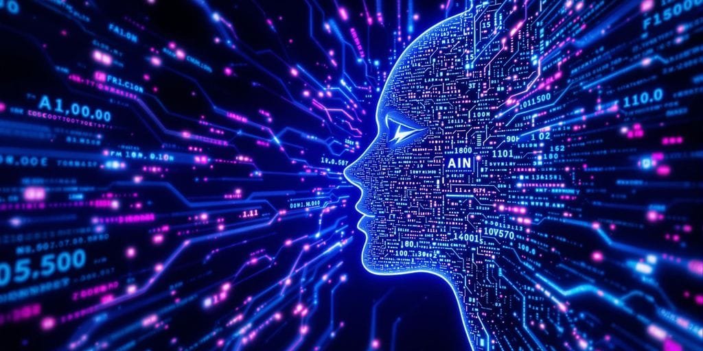 Interface futurista em neon, com exuberantes traços digitais e memória.