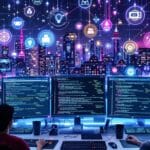 Programadores com robôs e redes neurais em ambiente futurista