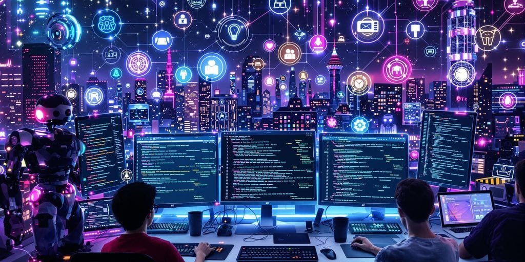 Programadores com robôs e redes neurais em ambiente futurista