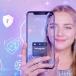 Adolescente usando Instagram com ícones de segurança ao redor