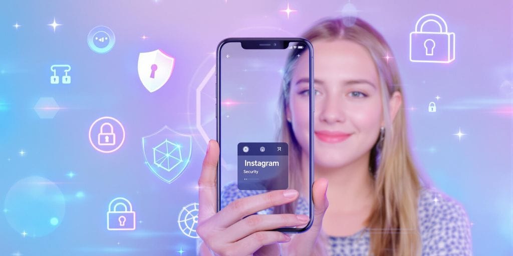 Adolescente usando Instagram com ícones de segurança ao redor