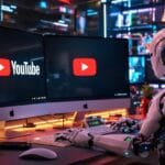 Robô de IA ajudando criador em estúdio do YouTube