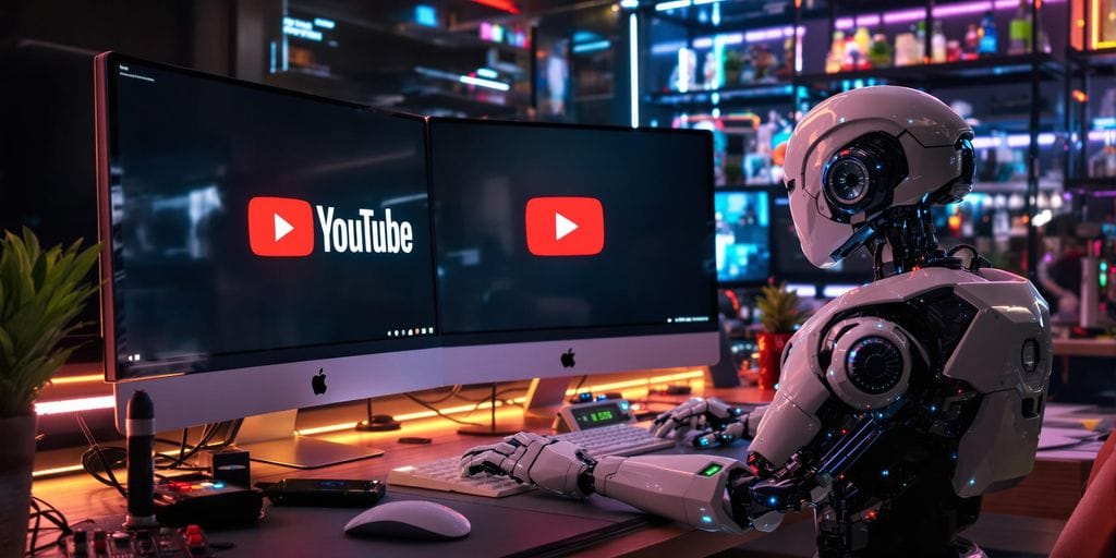 Robô de IA ajudando criador em estúdio do YouTube