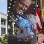 Pessoa aperta mãos com oficial do governo americano, moeda Doge.