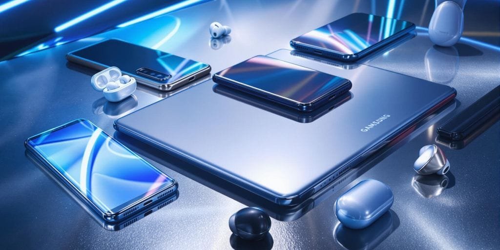 Novos dispositivos Galaxy em uma superfície moderna e iluminada.