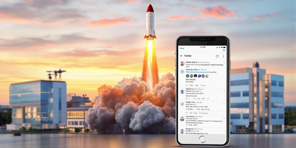 Celular com Twitter, foguete decolando e prédios modernos.