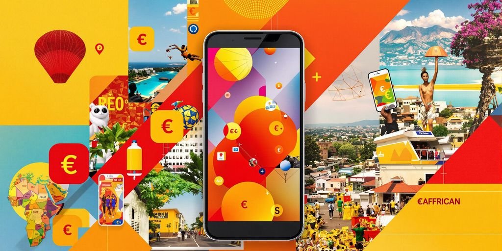 Smartphone moderno com ícones de moedas e paisagem africana vibrante.