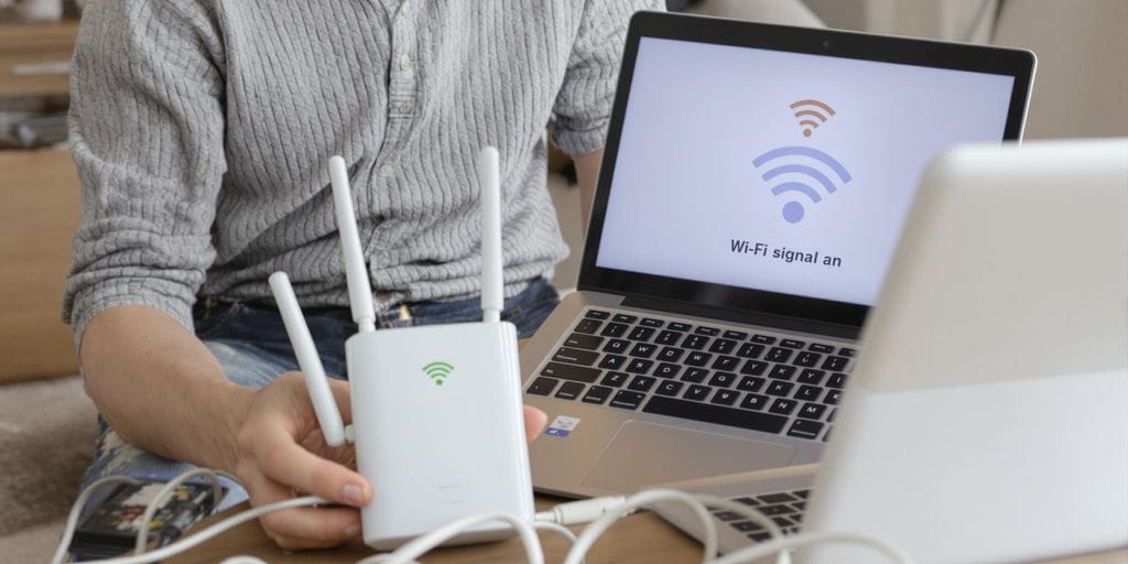 Pessoa preocupada segurando roteador ao lado de notebook em casa.
