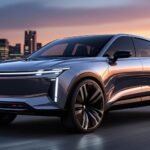 SUV elétrico futurista com linhas arrojadas e acabamento metálico único.