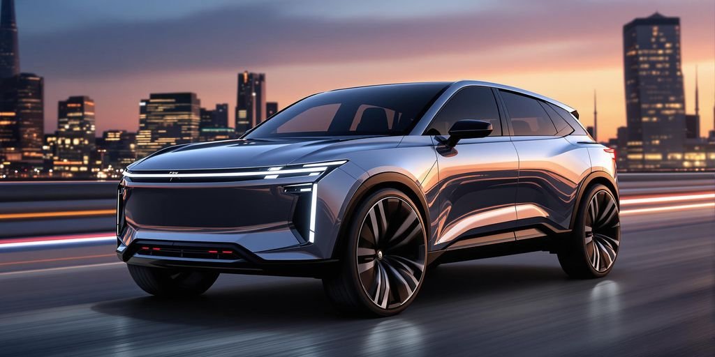 SUV elétrico futurista com linhas arrojadas e acabamento metálico único.