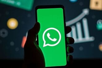 Celular com logo do WhatsApp e mão suspeita ao fundo