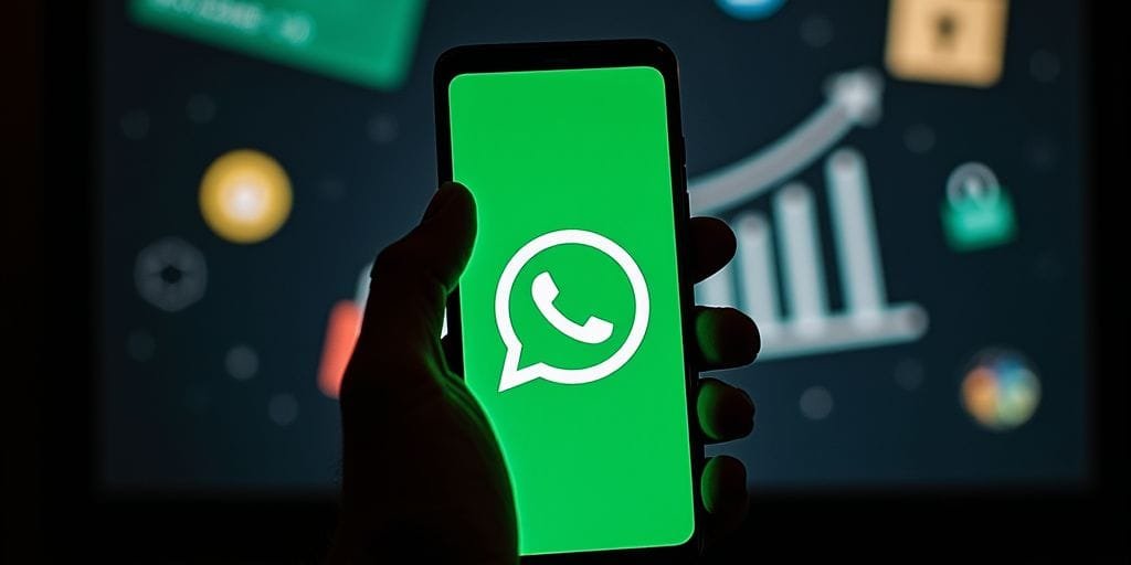 Celular com logo do WhatsApp e mão suspeita ao fundo