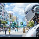 Robô de IA futurista em cidade brasileira moderna