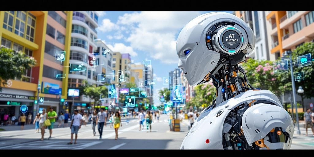 Robô de IA futurista em cidade brasileira moderna