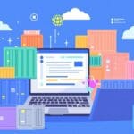 Laptop com caixas de contêineres coloridas e nuvens digitais