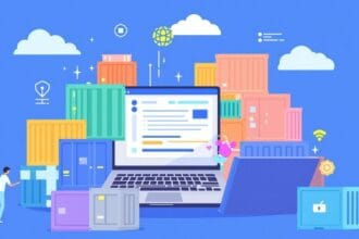 Laptop com caixas de contêineres coloridas e nuvens digitais