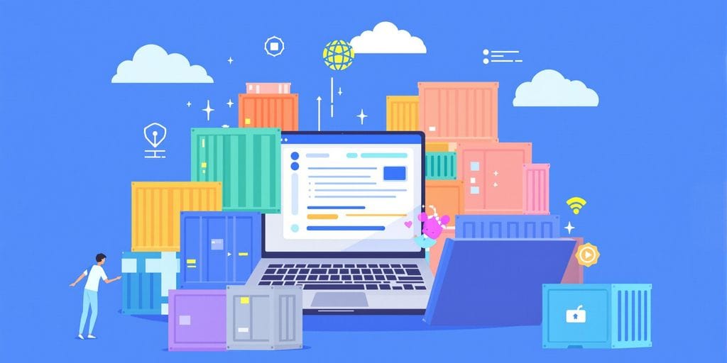 Laptop com caixas de contêineres coloridas e nuvens digitais