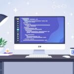 Mesa moderna com computador mostrando código C# e decoração tecnológica.